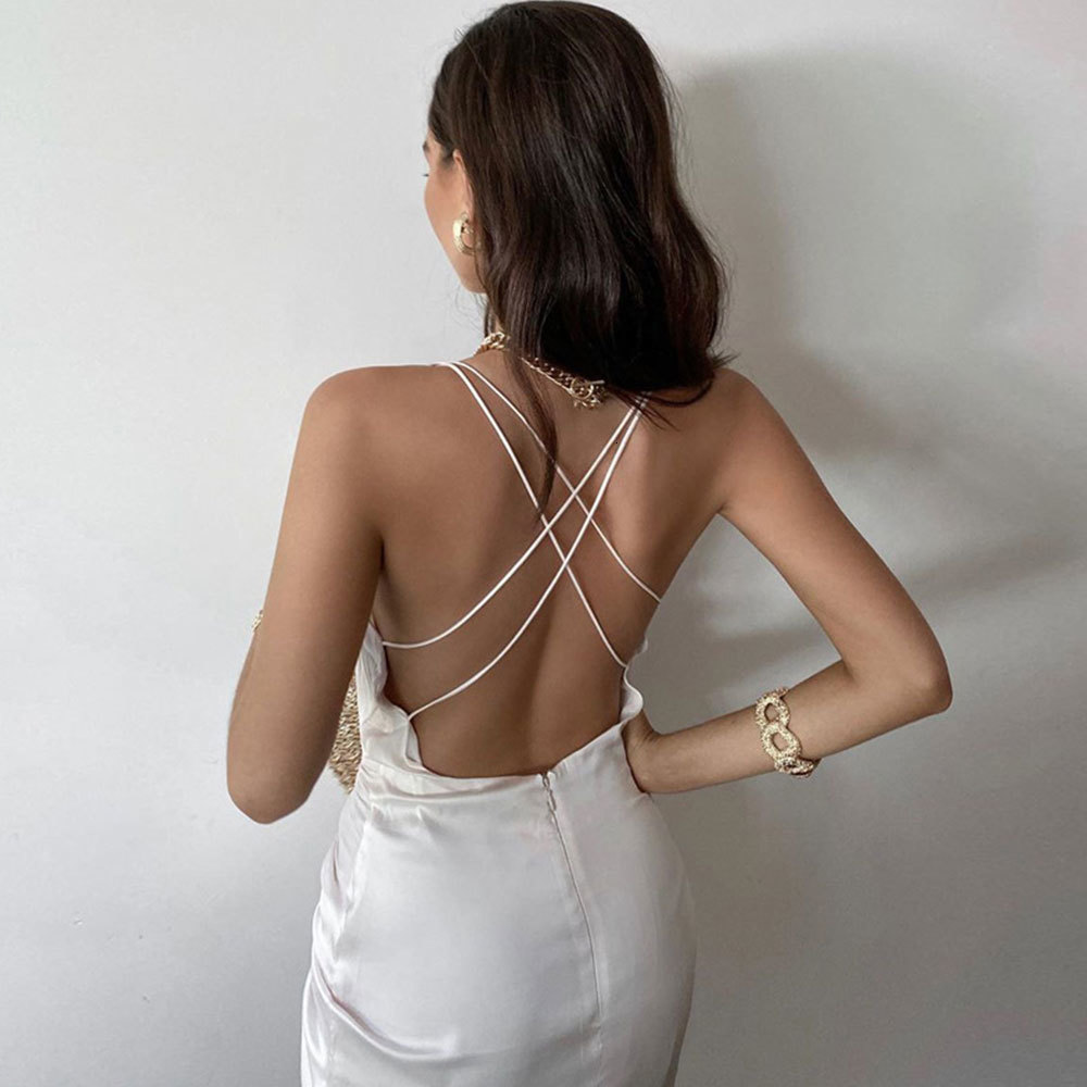 

2021 New Sexy Spaghetti Strap Cross Backless Bandage Elegant Satin Drawstring Pleating White Evening Party Vcfj, As photo