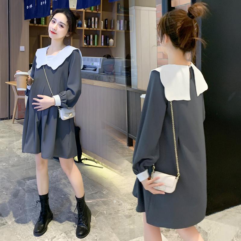

Maternity Dresses 0882# Clothes Spring Autumn Sweet Long Sleeves Gray Loose Stylish Dress Pregnant Women Mom, As photo