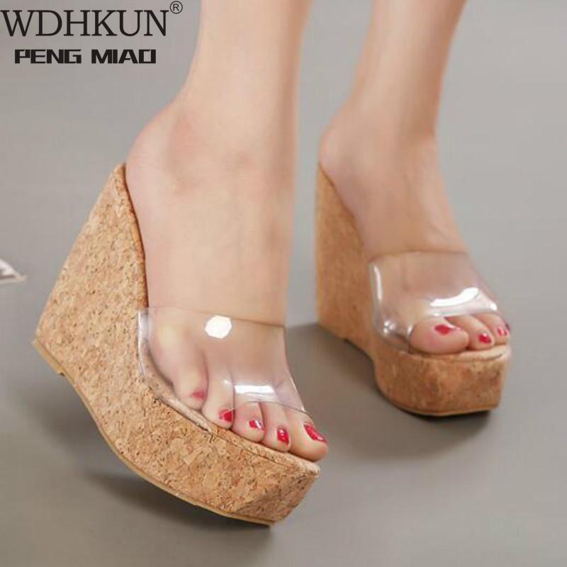 

WDHKUN 2021 New Summer Transparent Platform Wedges Sandals Women Fashion High Heels Female Summer Shoes Size 34-40, Brown
