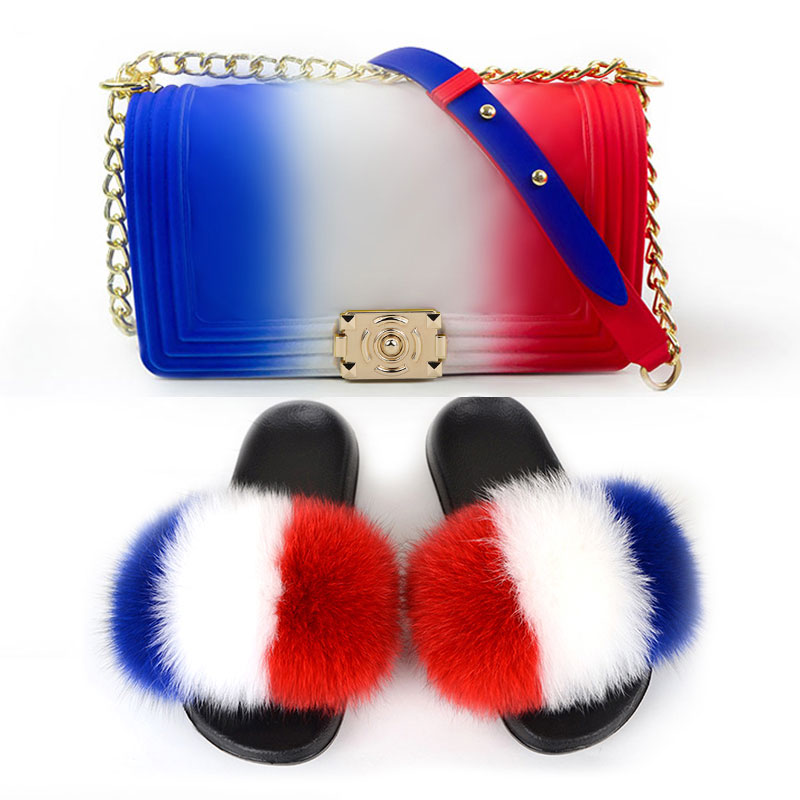 2021 Rainbow Color Opille Designer Sacs à main Raccoon Real Foor Fourrure Slides Sacs à main et sacs à main assorties avec des pantoufles