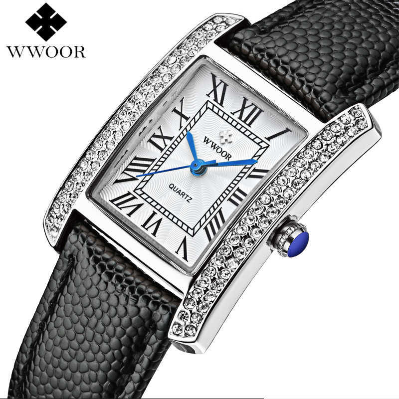 

WWOOR Brand Ladies Watches Fashion Diamond Rectangle Quartz Leather Watch Bracelet For Women Black White Watch montre femme 210527, Gold white