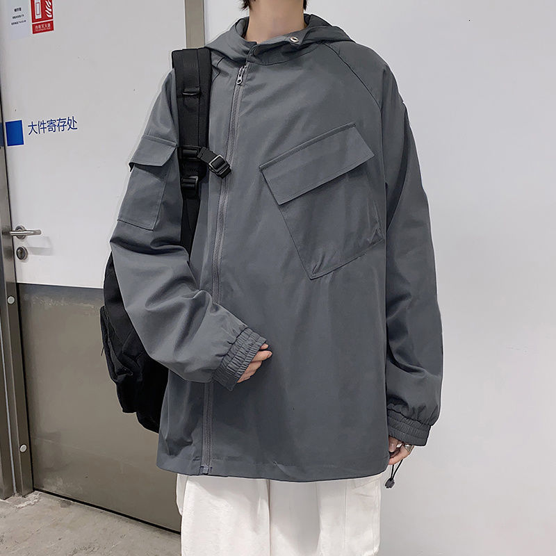 

2021 New Hooded Men's Fashion Solid Color Casual Multi-pocket Jackets Mens Streetwear Wild Hip-hop Bomber Jacket Men J3ba, Gray
