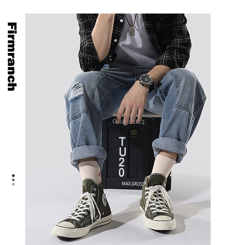 

Firmranch for men Loose Ripped Ankle Length Hiphop Women Straight Big Pockets Blue Boys Denim Jeans trousers, Deep blue