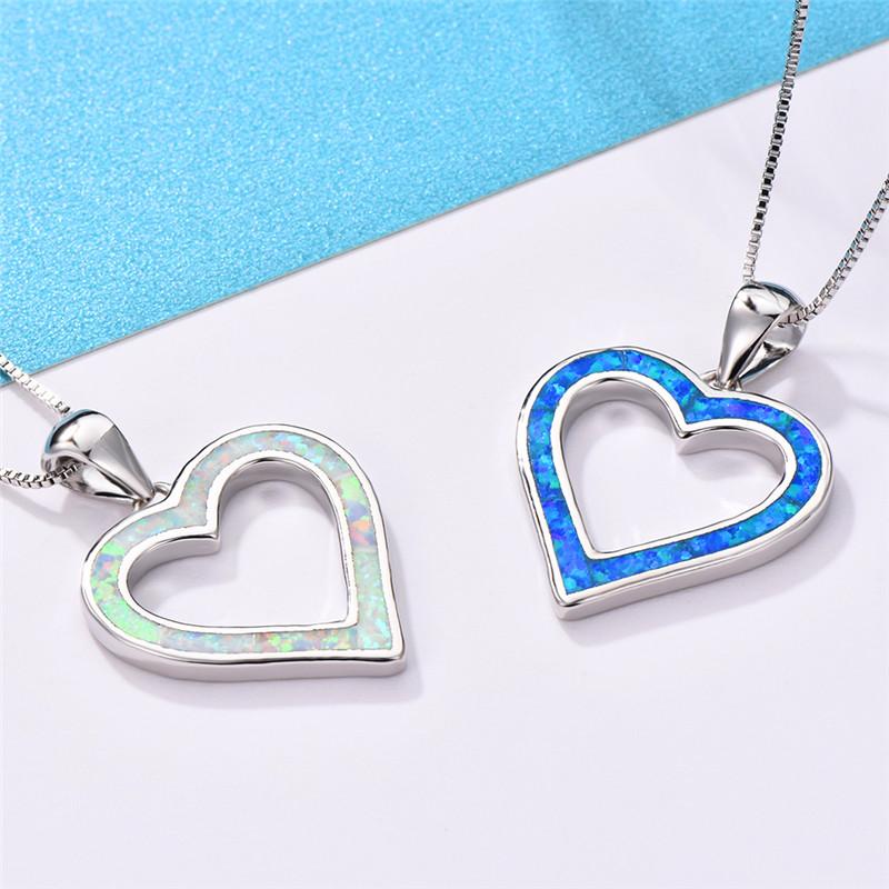 

Pendant Necklaces Cute Boho Female Big Heart Pendants Fashion Silver Color White Blue Opal For Women Vintage Jewelry