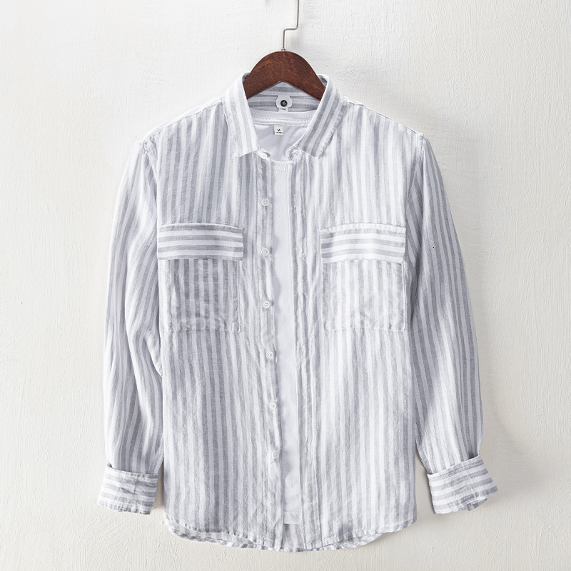 

2021 100% of Long-sleeve Spring Linen Stripe Male Striped Casual Shirts for Men Branded on Men's Shirt Pksj, Blue