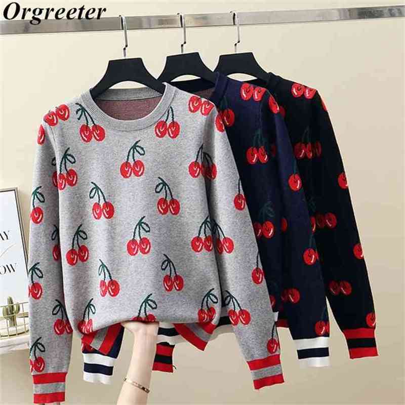 

Fashion Women Autumn and Winter Cute Cherry Jacquard Sweater Pullovers Ladies Chic Long Sleeve Jumper Knitting Tops 210602, Picture color