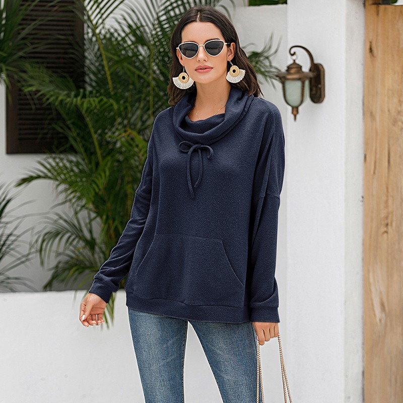 

2021 New Long Sleeve Pullover Sweatshirt Scarf Collar Warm Tops with Pocket Women Casual Solid Color Sweatshirts. Gds1, Apricot