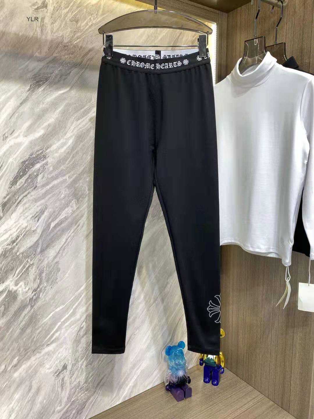 

Ch crosin hot diamond Leggings four seasons letter ribbon high waist slim elastic leg pants women's fashion, Black