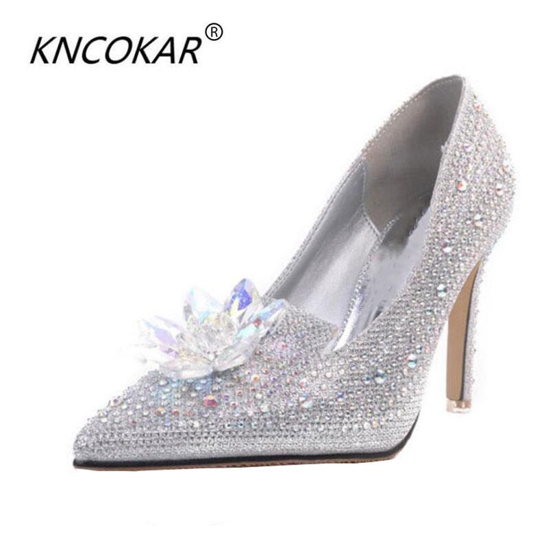 

KNCOKAR2021 New type water drill single shoe bright crystal water drill high-heeled shoes banquet wedding shoes crystal, Silver