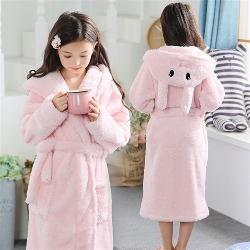 

Bathrobe for girls 2-13Y Hooded Flannel Terry bathrobe Pink rabbit baby bathrobe with a hood for children winter russia kids 210225, Blue;red
