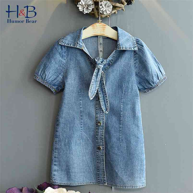 

Girl Dresses Summer Puff-Sleeves V-Neck Bow Tie Single Breasted Casual Denim Children Dress 210611, Bz2322 blue