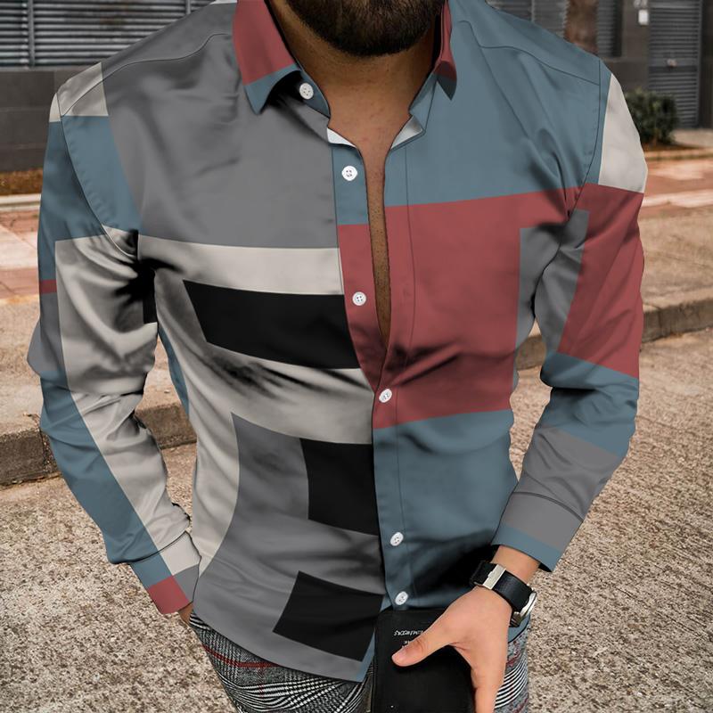 

Men's Casual Shirts 3d Printed Square Stripe Long-sleeved Shirt Summer Street Fashion Personality Button Cardigan Lapel Top MenMen's, Ttb10-07