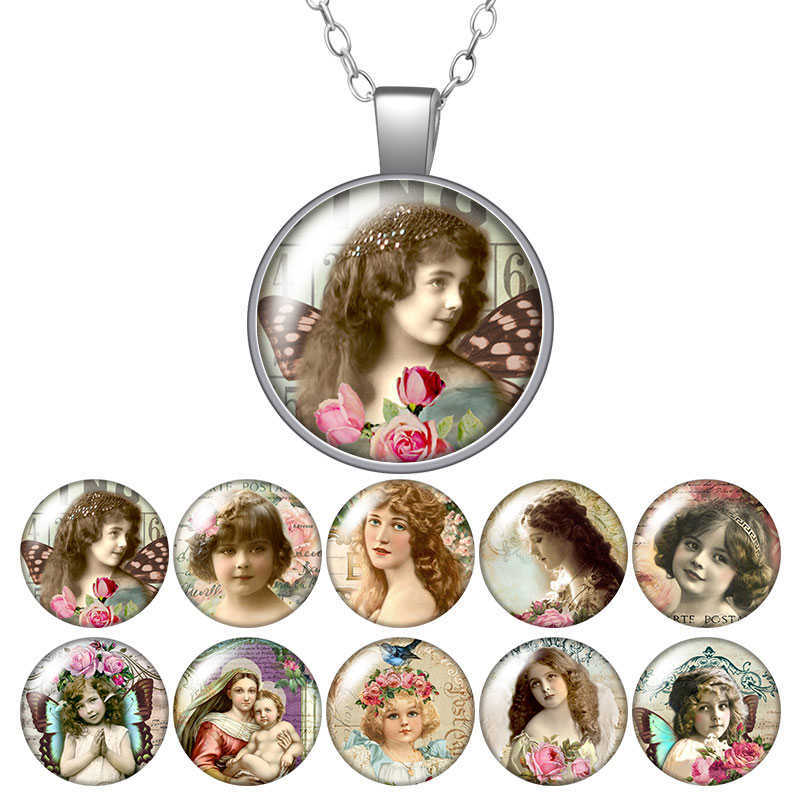 

Vintage Women Butterfly Girls Angel Round Pendant Necklace 25mm Glass Cabochon Silver Plated Jewelry Women Birthday Gift 50cm