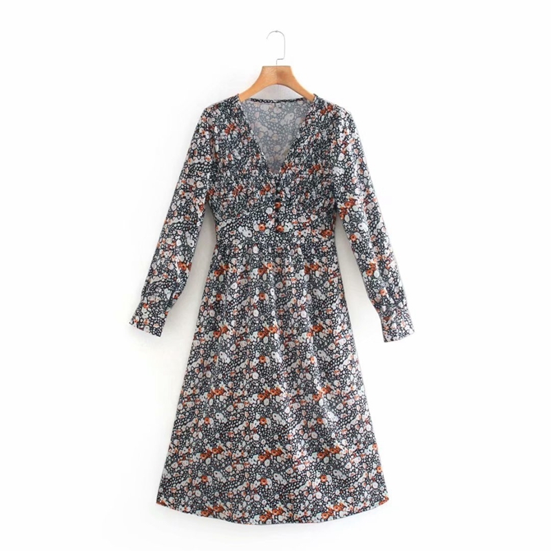 

Women Vintage Floral A-line Midi Dress Spring V neck High Waist Elegant Vacation Beach Long Sleeve NX2114 210525, Black