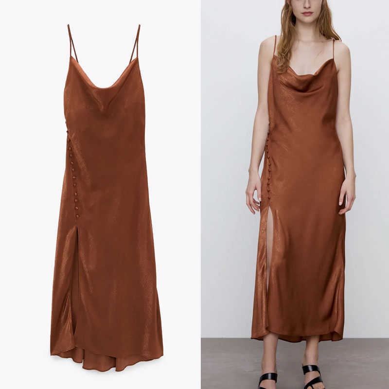 

Za Camisole Summer Dress Women Sleeveless Backless Sexy Evening Party Dresses Woman Chic Side Button Vintage Satin Dress 210602, Chocolate
