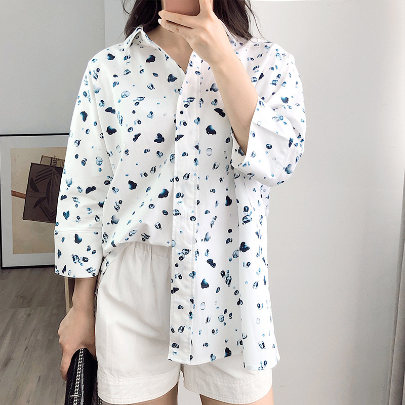 

2021 New Gota De Gua Impresso Camisa Feminina Nico Breasted Nove Quartos Manga Turn-down Colarinho Feminino Blusa Casual W8a9, Black