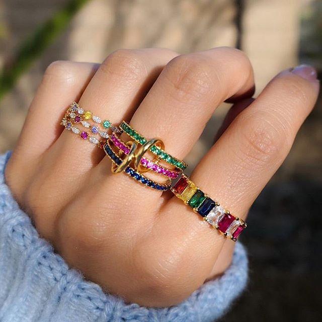 Cluster Rings 2021 Fashion Gold Plated Rainbow Cz Stacking Engagement Band Finger Ring Fors Women Design Delicate Eternity-image-708322419