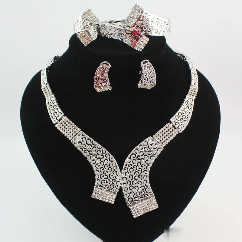 Jewelry Sets Gold/Silver Plated Statement Necklace Bracelet Earring Ring Fashion Crystal Hollow Tribal Bridal Bridesmaid Wedding Jewellery-image-657310783
