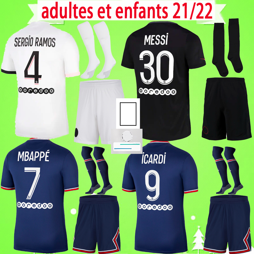 

Adult + Kids kit with socks Paris #30 MESSI Soccer Jerseys 2021 2022 MBAPPE SERGIO RAMOS child suit football Shirts 21 22 DI MARIA VERRATTI boys set mens third 3rd fourth, 2021/2022 kit with socks