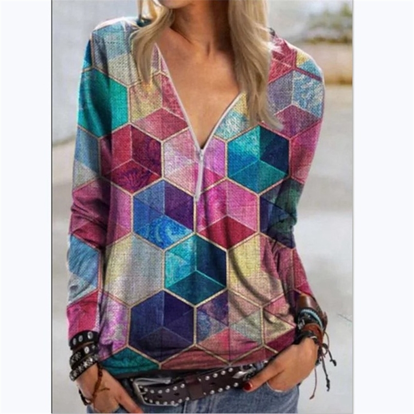 

Woman's T-shirt Spring and Summer Fashion Zipper V-neck Printed Long Sleeve Casual Plus Size Soft Thin Top 210708, Green