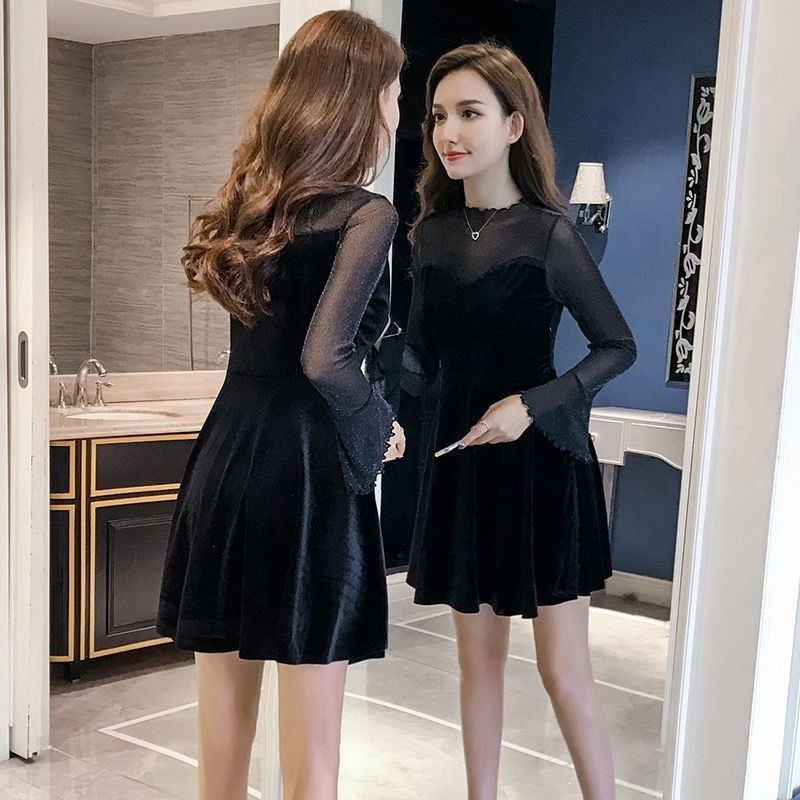 

Korean Velvet Dress Sexy Women 2021 New Black Flare Long Sleeve Pleated Dress Mini Xxl Plus Size Dresses for Women Skirt, Black;gray