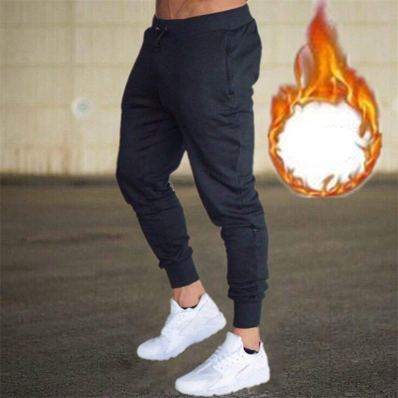 

New Cross-border Autumn/winter Plus Velvet Thickened Polished Plate Solid Color Leggings Sports Casual Trousers Male Factory Direct Supply, Black