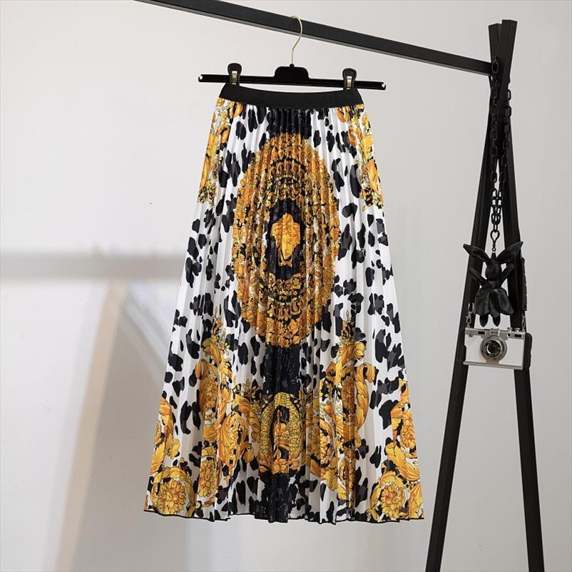 

brand print pleated high waisted womens skirt strechy mid calf cartoon girls party rok jupe femme summer, Black