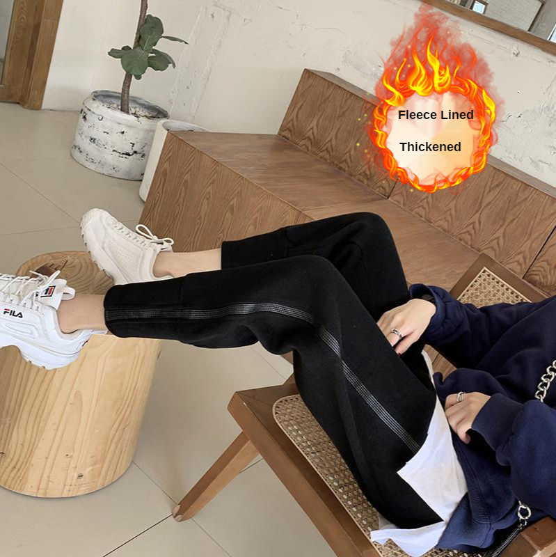 

2021 New Tornozelo-amarrado Sweatpants Harm Feminino Soltas Outono Inverno Velo-forrado Casual Espessamento Moda Feminina Capris Preto Calas, Lightweight