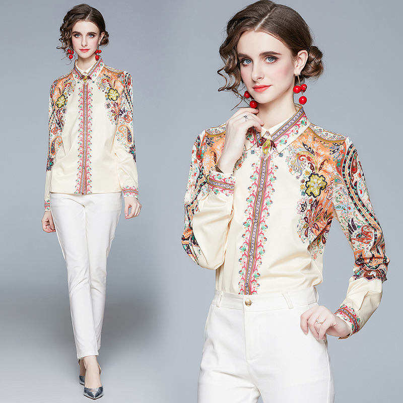 

New Elegant Women Printed Casual Shirts 2021 Spring Runway Luxury Designer Ladies Office Lapel Blouses Button Long Sleeve Fashion Slim Tops, Beige