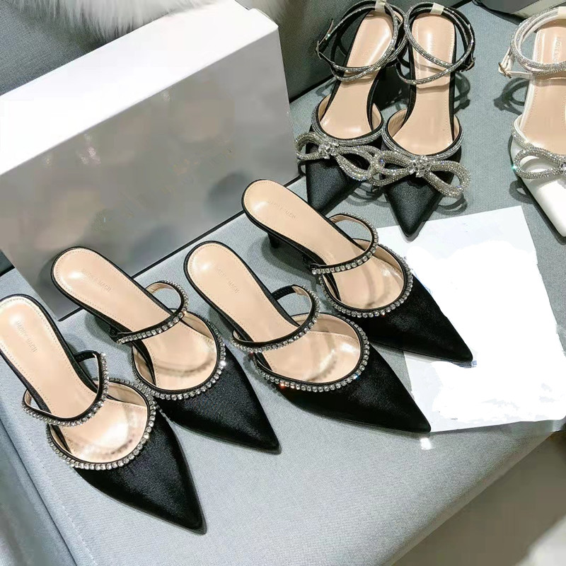 

New mach rhinestone slippers satin pointed heel high single Crystal super fairy High-heeled shoes Luxury designer silk flash drill, Black