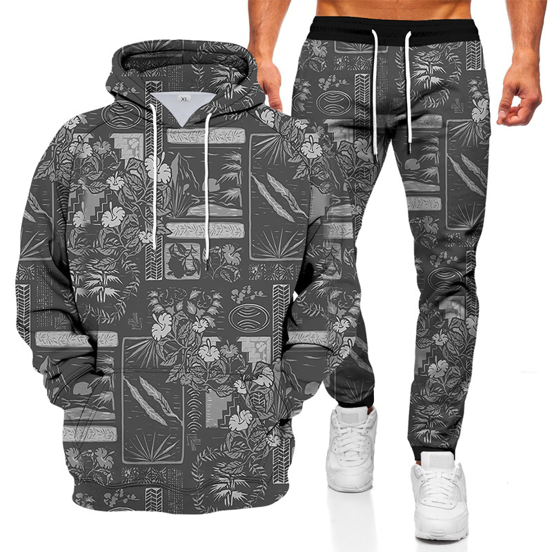 

Autumn and Winter New Men's Printing Sports and Leisure Hooded Sweater Outdoor Sports and Leisure Two-piece Suit, Gray