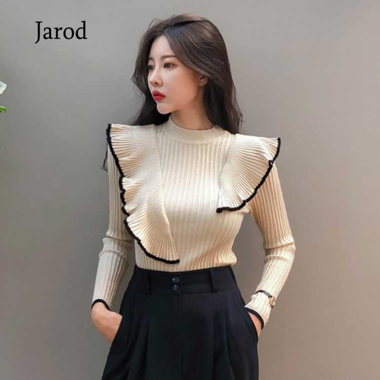 

Autumn fashion Hit Color Ruffled Stitching Women's Pullover Sweater All-match Lotus Leaf Edge Female Knitwear Tops 210526, Picture color
