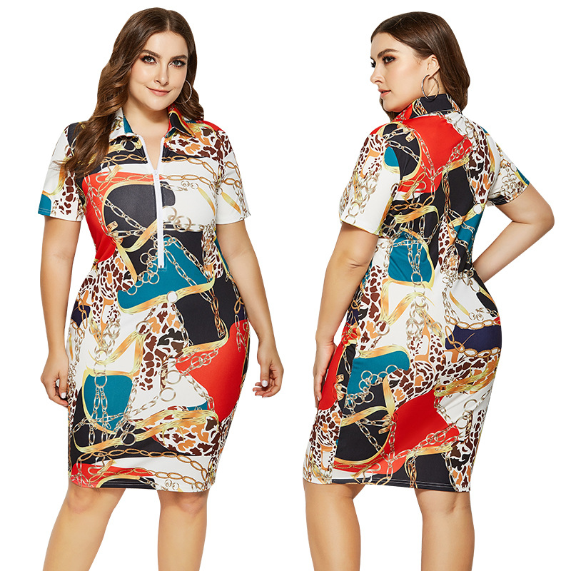 

INS Cross-Border Amazon Independent Station Lapel Zipper Dress European and American plus Size Short Sleeve Middle East Womens Clothing, Color print