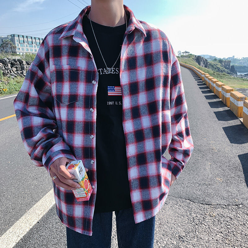 

2021 New Spring Plaid Men's Fashion Retro Casual Men Streetwear Long-sleeved Shirts Mens Shirt M-2xl 7cy7, Blue