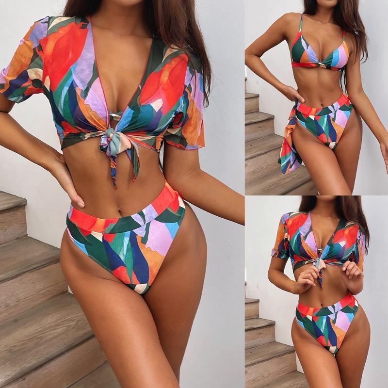 

One-Piece Suits Women Sexy 3 Piece Bikini Set Triangle Cup Brazilian Swimsuit With Short Sleeve Cover Up Cardigan Colorful Abstract Printed
