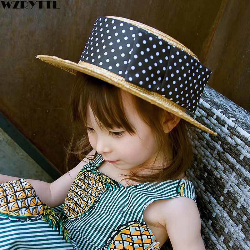 

2021 New Natural Healthy Kids Protection Children Straw Hats Ribbon Bow 5cm Wide Brim Beach Sun Cap Summer Boater Derby Hat Pczw, Black