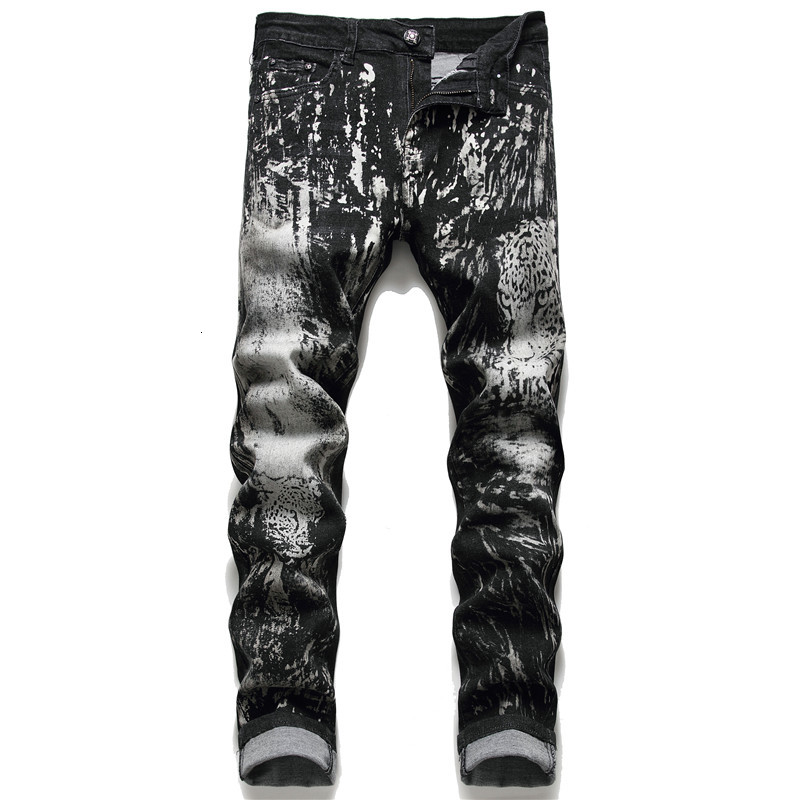 

2021 New Men's Male Trousers Autumn Winter Models Fashion Printed Jeans Black Style Stretch Trend Slim Fit Denim Pants 3012 Cydd