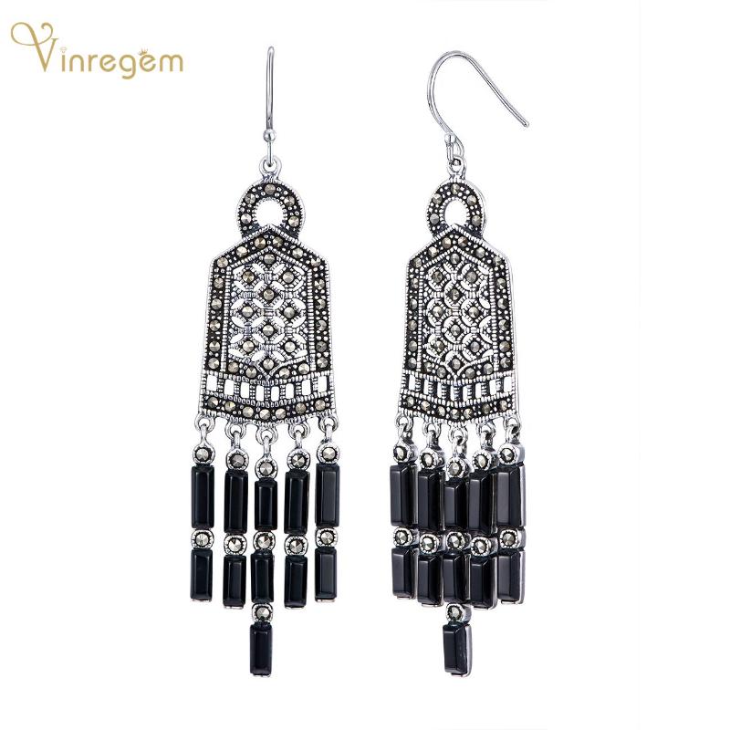

Dangle & Chandelier Vinregem Luxury 925 Sterling Silver Black Agate Gemstone Wedding Party Bohemian Drop Earrings For Women Fine Jewelry Gif