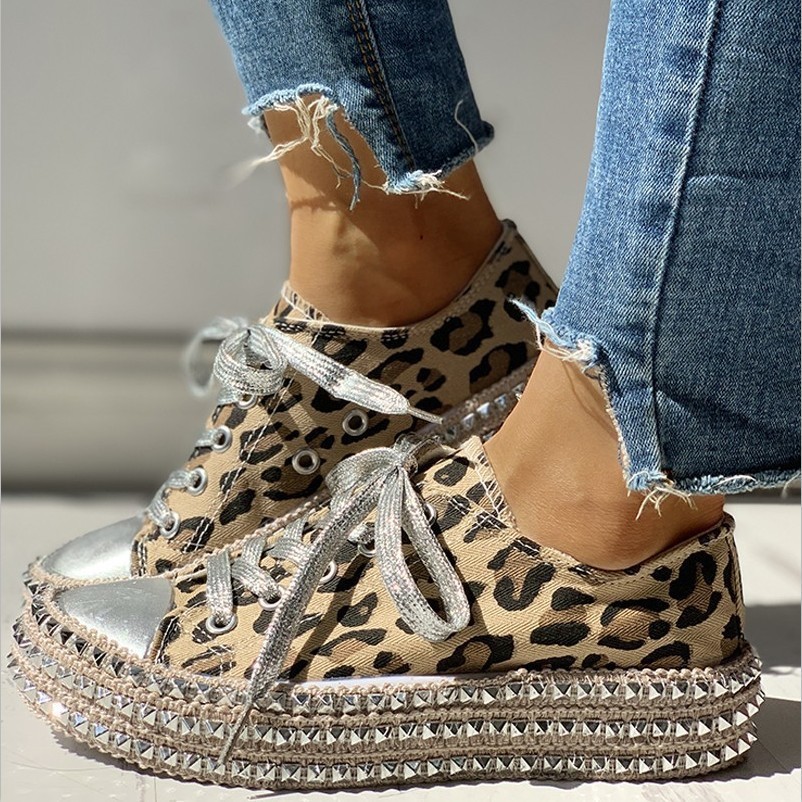 

2021 New Lace-up Leopard Thick Bottom Canvas Rhinestone Sexy Fashion 4 Style High-top Low-top Shoes Scarpe Donna -43 9ku5, Low-cut leopard