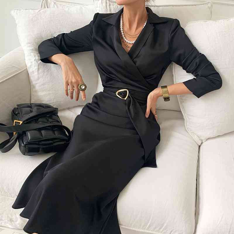 

Spring Autumn Vintage Dresses for Women Fashion Long Sleeve Sexy Lapel Satin Elegant Dress Ladies Office Vestidos with Belt 210602, Brown