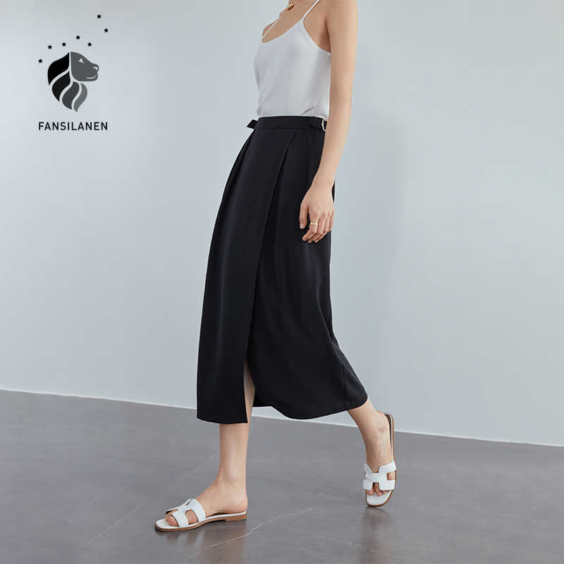 

FANSILANEN Sexy split black long satin skirt Women elegant summer high waist wrap Female office lady pleated a-line 210607