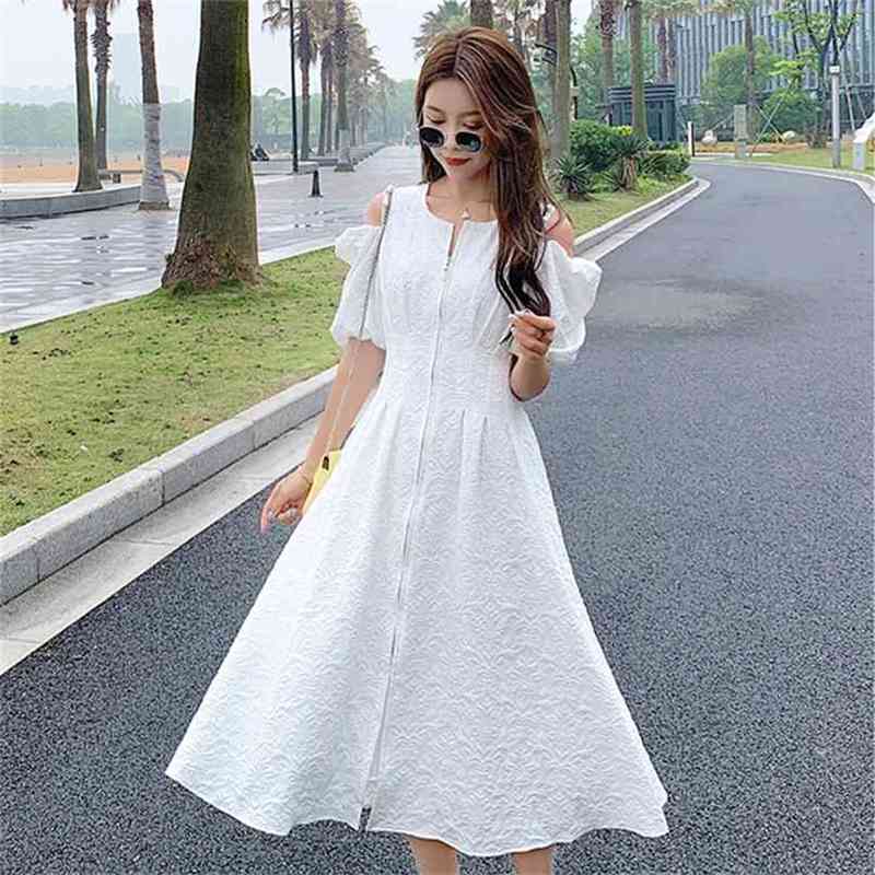 

Summer Fashion High quality Puff Sleeve Jacquard Dress fro Women Temperament Round-neck Zipper Slim Split Long 210602, White