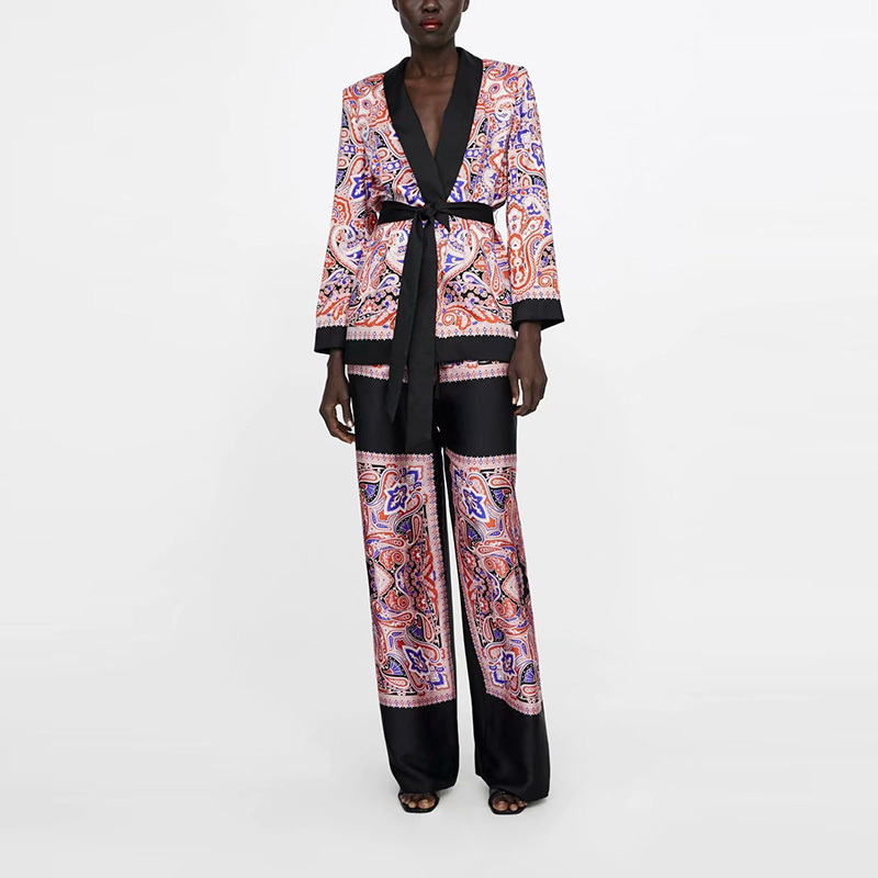 

Fashion Patchwork Floral Suit Jacket With Sash Women Spring Blouse Coat Elegant V neck Office Pants Sets Outfit XZ1939 210525