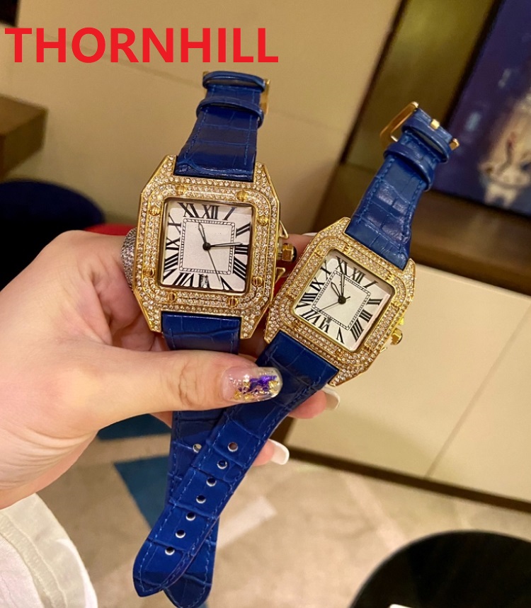 

High Quality Mens Women Leather Watch Full Diamonds Ring Iced Out Square Roman Dial Designer Watches Quartz Movement Couple Lovers Clock Wristwatch, As pic