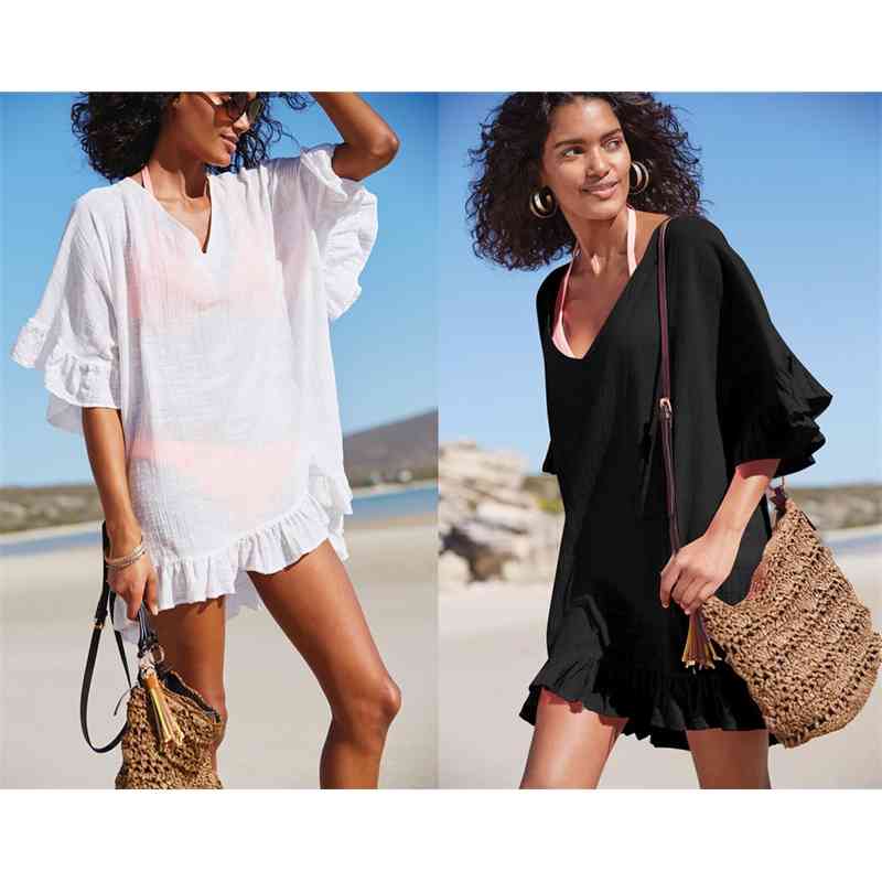 

White Beach Kimono Women Summer Shirts Casual Ruffle Sleeve Top Cotton Shirt Tops for Ladies Loose Blouse Bikini Long Cover Up 210603, Black