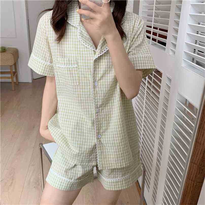 

Gentle Plaid Summer Casual High Quality Loose Cotton Homewear Geometric All Match Two Piece Pajamas Sets 210525, Green