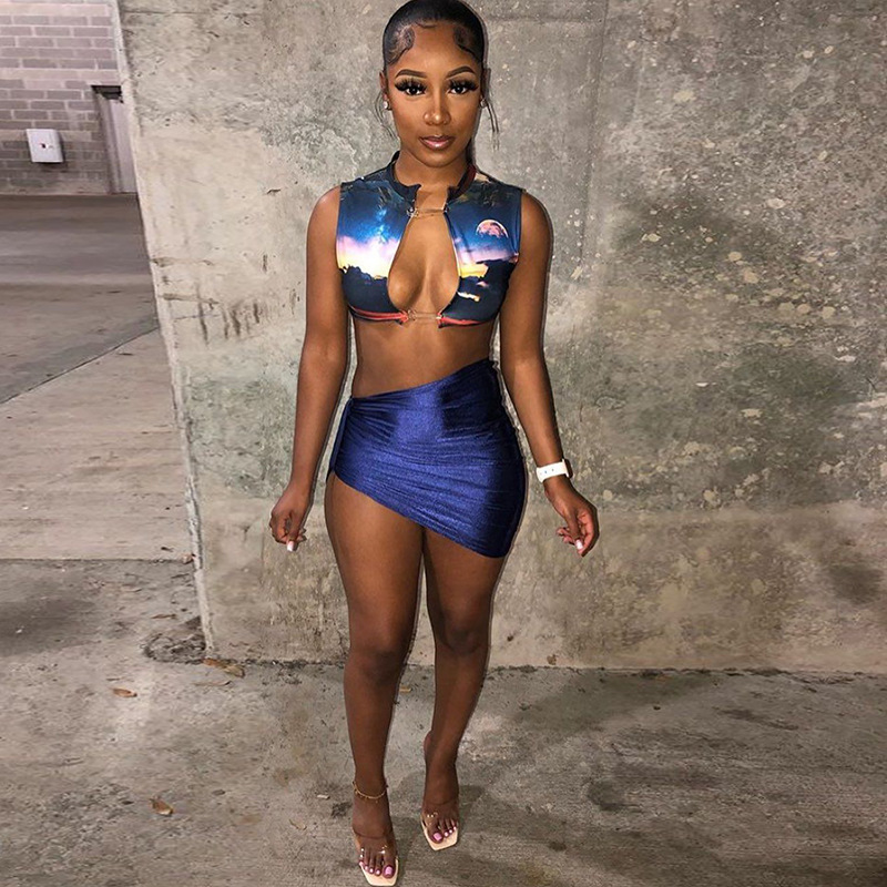 

Two Piece Set Mini Skirt and Top Sexy Birthday Outfits Club Wear Fashion Women Clothes 2021 Matching Sets D82-CZ17, Blue