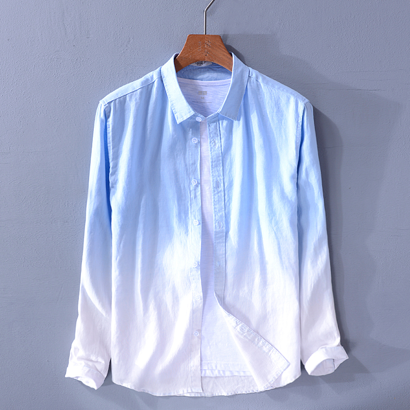 

2021 New Gradiente Tendncia Dos Homens Casuais Camisa Manga Longa Soltas Confortveis Camisas De Linho Para Os 32dj, Sky blue