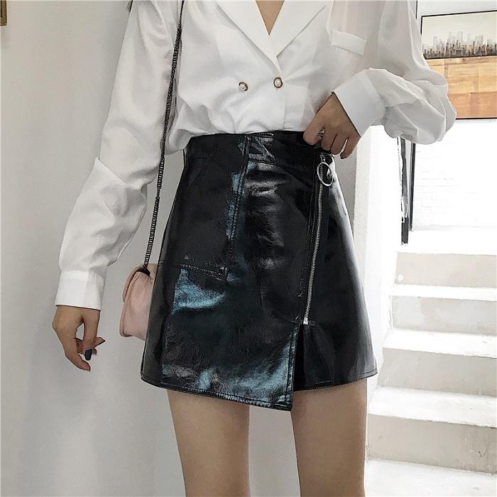 

Skirts 2021 Irregular Leather Skirt Autumn And Winter PU Zip, Black