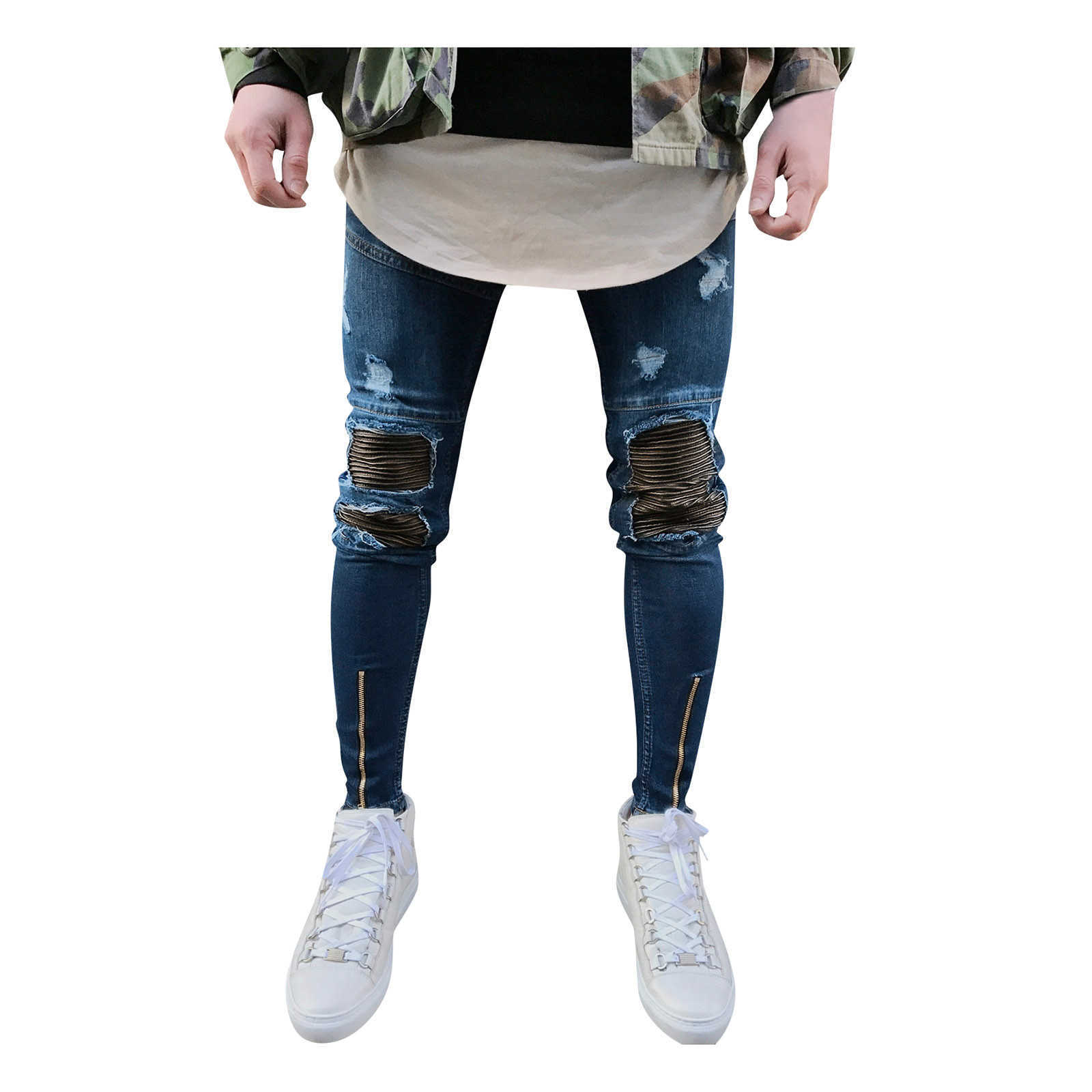 

Men Casual Fitness Bodybuilding Pocket Skin Full Length Sports Denim Pant High Quality Jeans Hip Hop Streetwear X0621, Blue